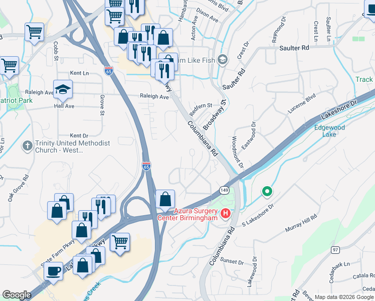 map of restaurants, bars, coffee shops, grocery stores, and more near 1104 Fern Street in Birmingham