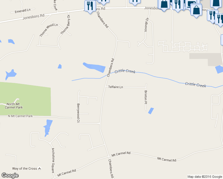 map of restaurants, bars, coffee shops, grocery stores, and more near 108 Telfair Lane in McDonough