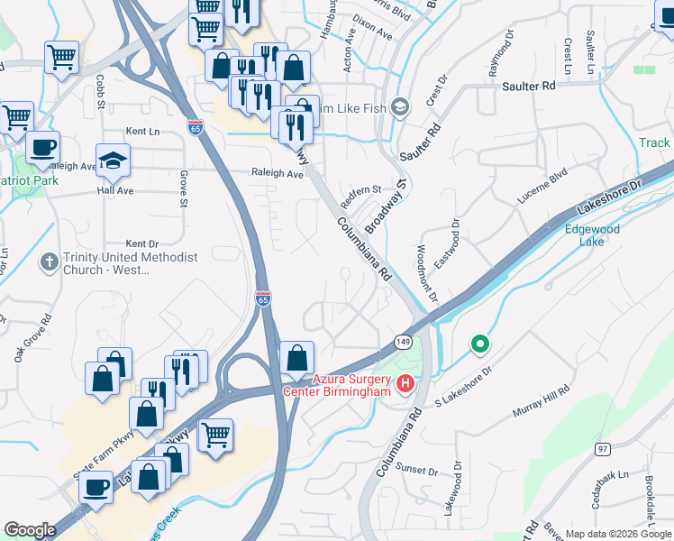 map of restaurants, bars, coffee shops, grocery stores, and more near 1104 Fern Street in Birmingham