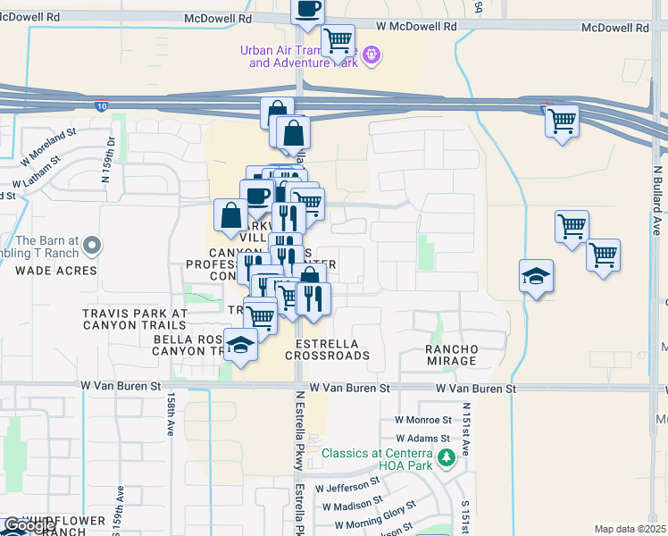 map of restaurants, bars, coffee shops, grocery stores, and more near 15380 Fillmore Street in Goodyear