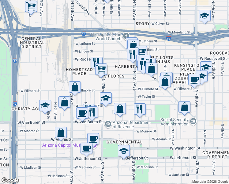 map of restaurants, bars, coffee shops, grocery stores, and more near 1611 West Fillmore Street in Phoenix