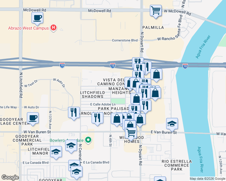 map of restaurants, bars, coffee shops, grocery stores, and more near 729 East Via Maria Street in Goodyear