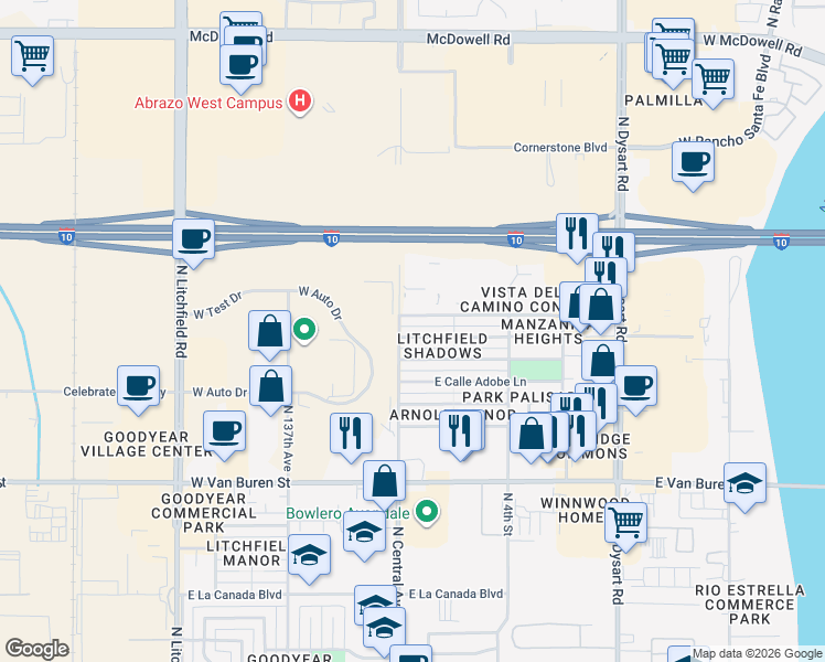 map of restaurants, bars, coffee shops, grocery stores, and more near 617 East Via Maria Street in Goodyear
