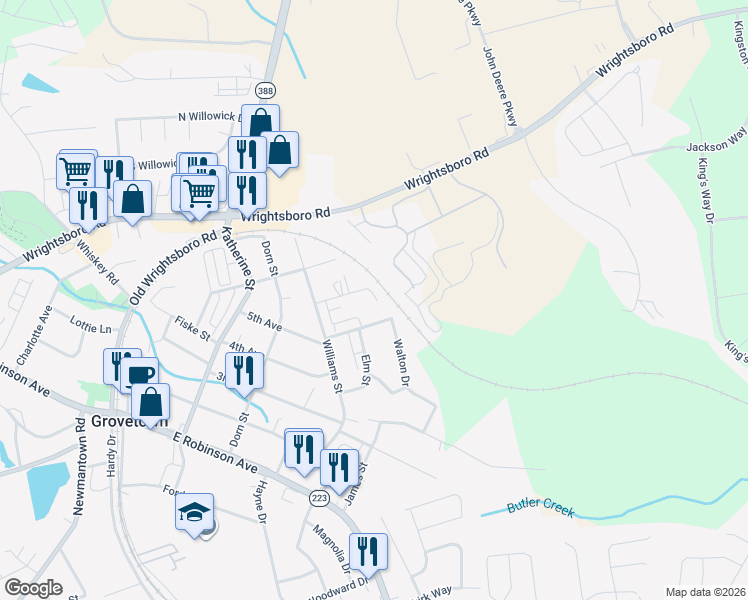 map of restaurants, bars, coffee shops, grocery stores, and more near 110 George Street in Grovetown