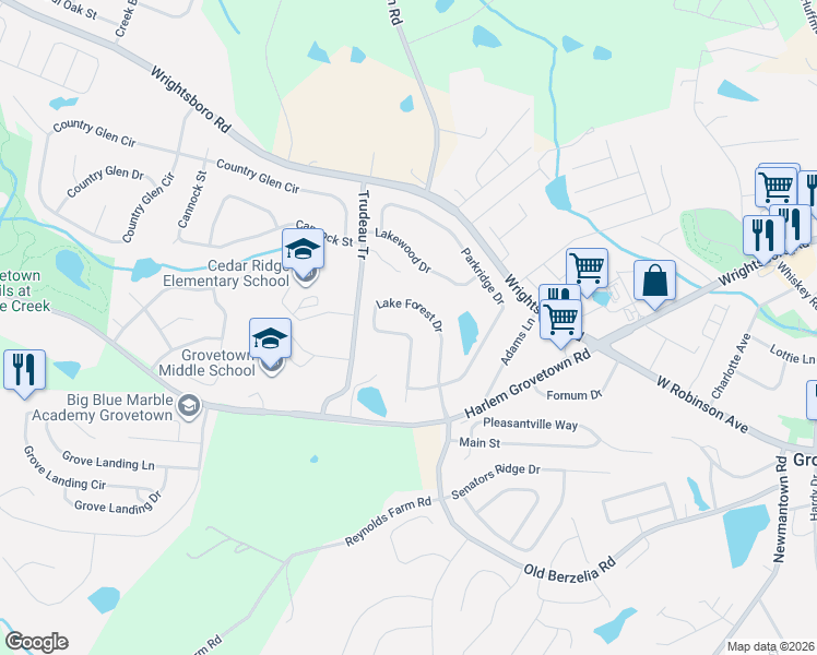 map of restaurants, bars, coffee shops, grocery stores, and more near 2059 Lake Forest Drive in Grovetown