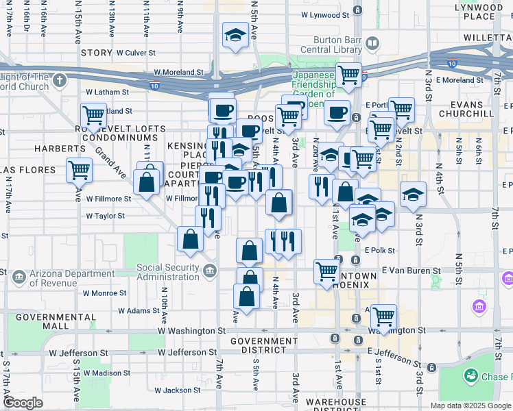 map of restaurants, bars, coffee shops, grocery stores, and more near 378 North 5th Avenue in Phoenix