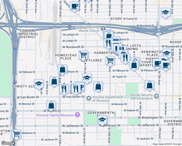 map of restaurants, bars, coffee shops, grocery stores, and more near in Phoenix