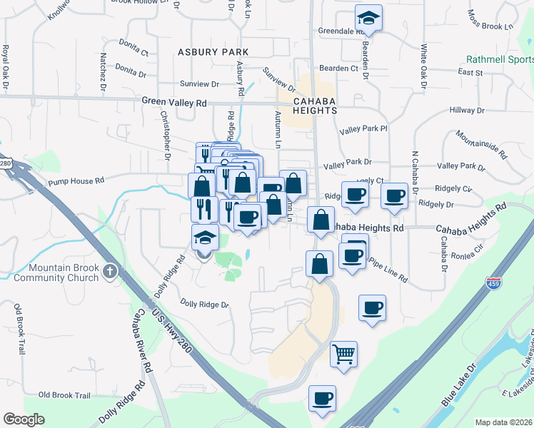 map of restaurants, bars, coffee shops, grocery stores, and more near 4274 Cahaba Heights Court in Vestavia Hills