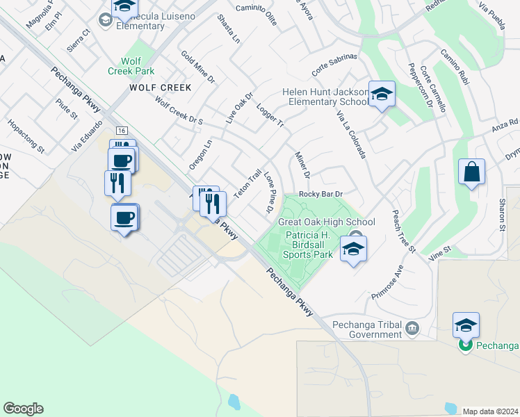 map of restaurants, bars, coffee shops, grocery stores, and more near 32108 Granite Drive in Temecula