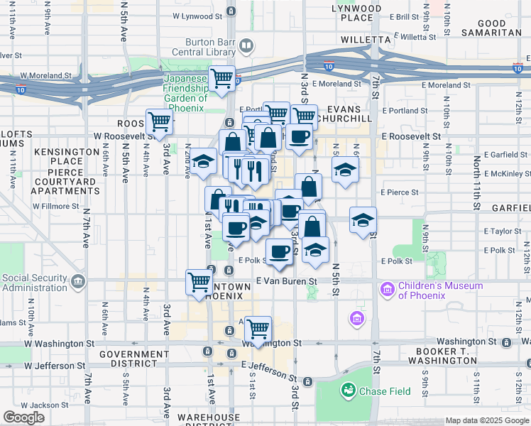 map of restaurants, bars, coffee shops, grocery stores, and more near 600 North 1st Street in Phoenix