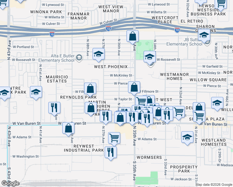 map of restaurants, bars, coffee shops, grocery stores, and more near 3548 West Taylor Street in Phoenix