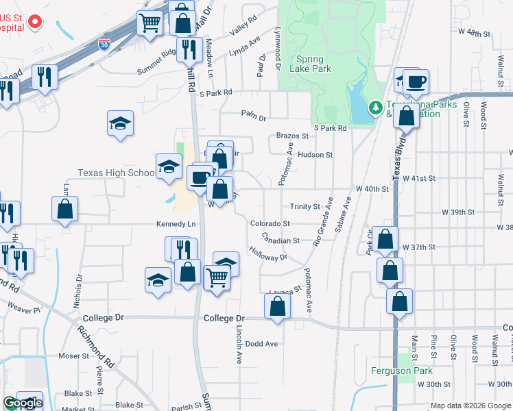 map of restaurants, bars, coffee shops, grocery stores, and more near 7 Canadian Place in Texarkana