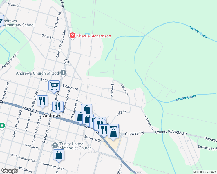 map of restaurants, bars, coffee shops, grocery stores, and more near 111 Clair Street in Andrews