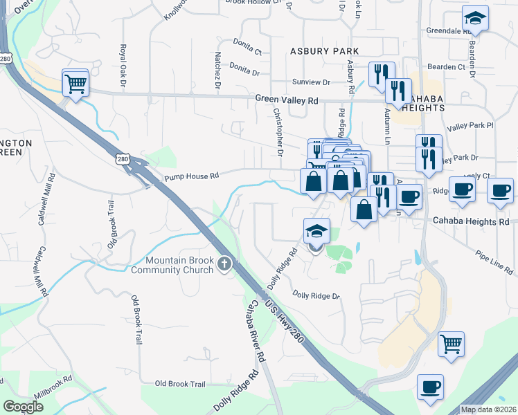 map of restaurants, bars, coffee shops, grocery stores, and more near 4302 Dolly Ridge Lane in Vestavia Hills