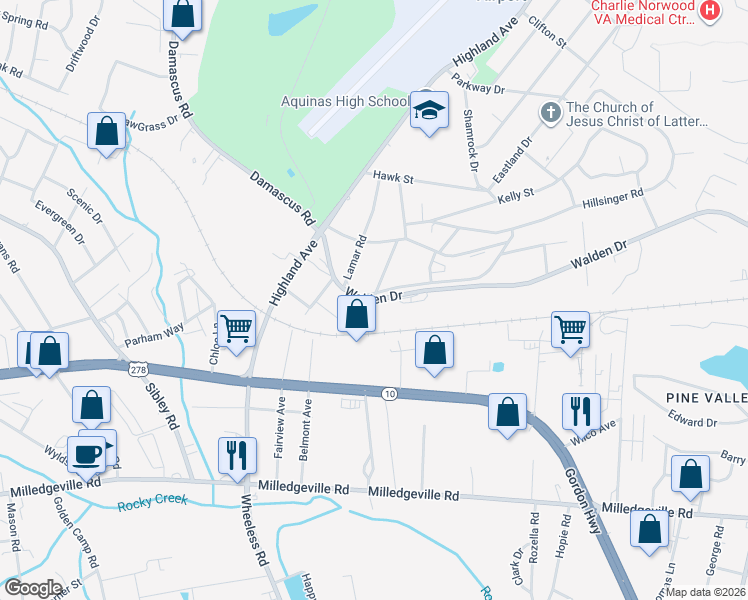 map of restaurants, bars, coffee shops, grocery stores, and more near 2401 Walden Drive in Augusta