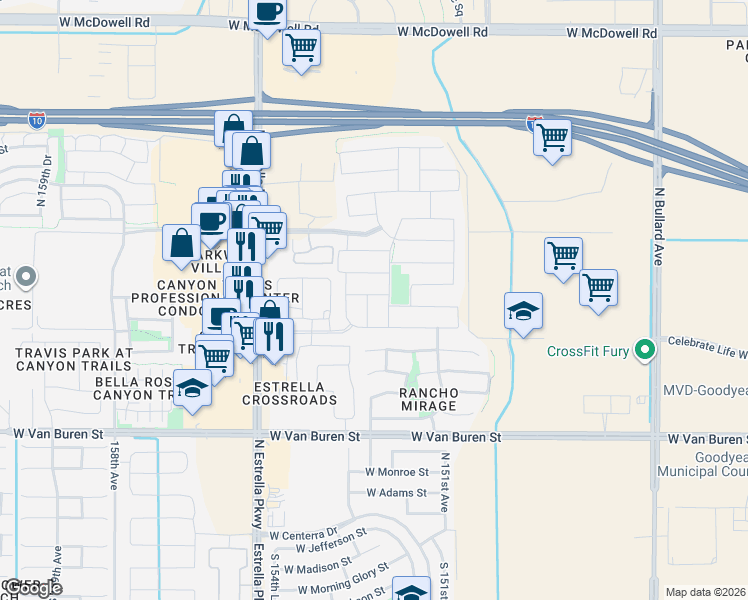 map of restaurants, bars, coffee shops, grocery stores, and more near 695 North 152nd Drive in Goodyear
