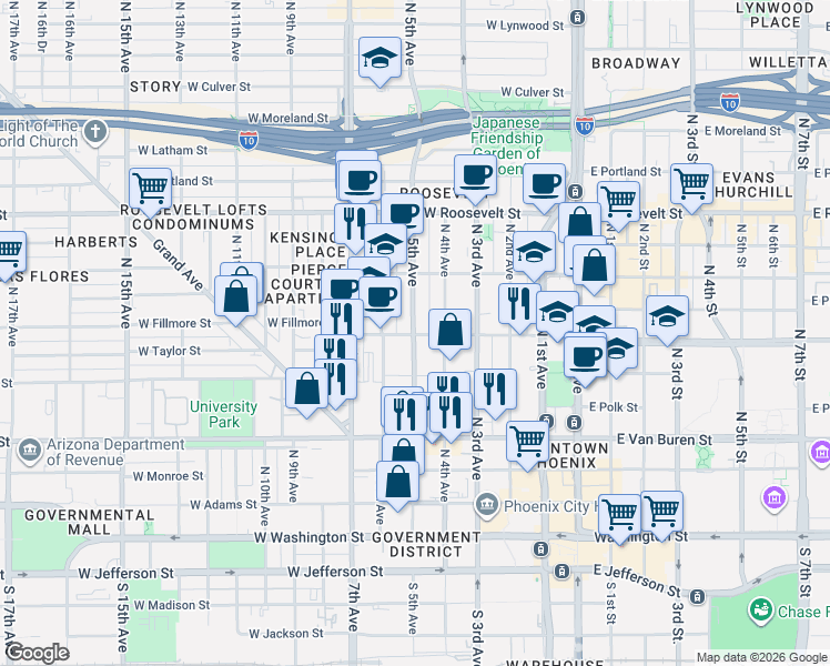 map of restaurants, bars, coffee shops, grocery stores, and more near 355 North 5th Avenue in Phoenix