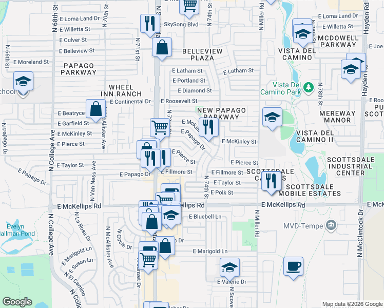 map of restaurants, bars, coffee shops, grocery stores, and more near 7331 East Pierce Street in Scottsdale