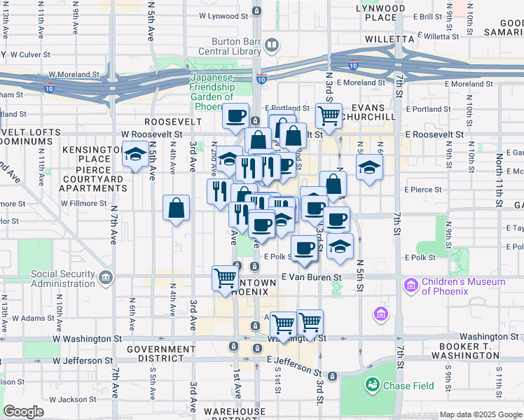 map of restaurants, bars, coffee shops, grocery stores, and more near 555 North Central Avenue in Phoenix