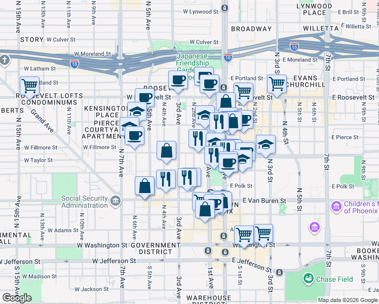map of restaurants, bars, coffee shops, grocery stores, and more near 390 North 2nd Avenue in Phoenix