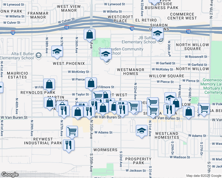 map of restaurants, bars, coffee shops, grocery stores, and more near 3312 West Taylor Street in Phoenix