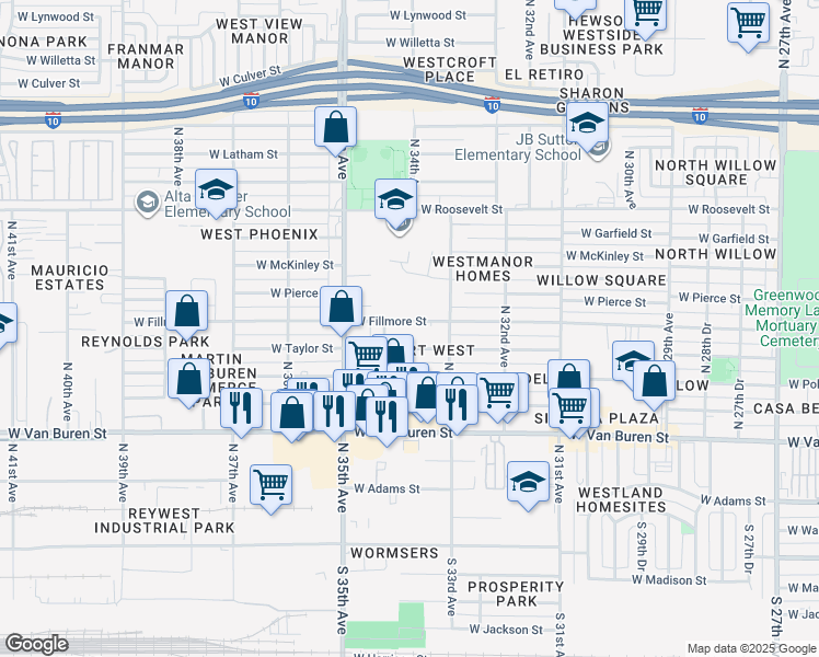 map of restaurants, bars, coffee shops, grocery stores, and more near 3408 West Taylor Street in Phoenix