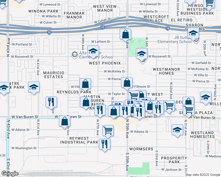 map of restaurants, bars, coffee shops, grocery stores, and more near 3548 West Taylor Street in Phoenix
