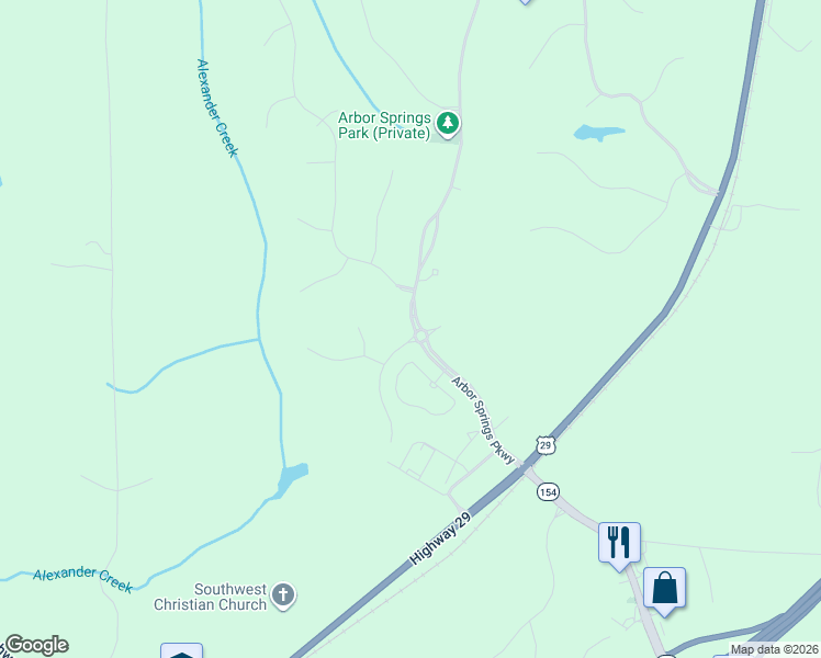 map of restaurants, bars, coffee shops, grocery stores, and more near Arbor Springs Parkway in Newnan