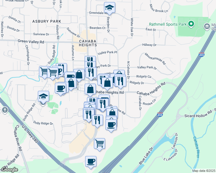 map of restaurants, bars, coffee shops, grocery stores, and more near 3242 Cahaba Heights Road in Vestavia Hills