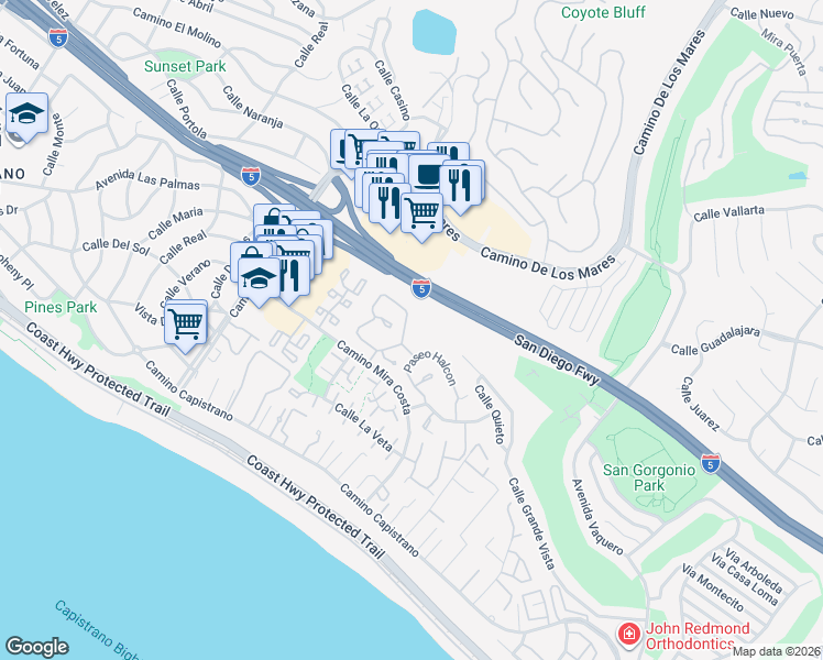 map of restaurants, bars, coffee shops, grocery stores, and more near 3513 Paseo Flamenco in San Clemente