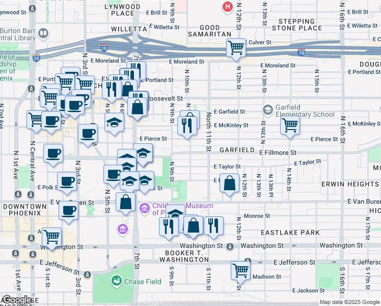 map of restaurants, bars, coffee shops, grocery stores, and more near 1001 East Fillmore Street in Phoenix