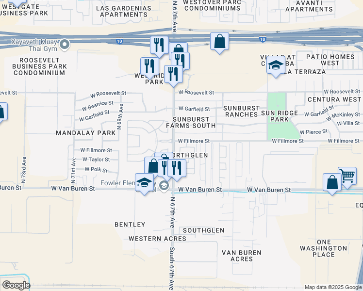 map of restaurants, bars, coffee shops, grocery stores, and more near 6634 West Hayes Street in Phoenix