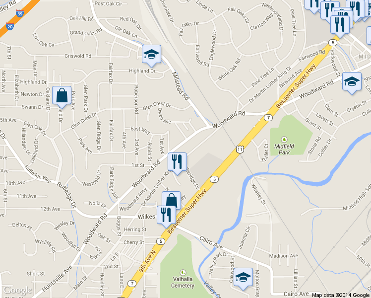 map of restaurants, bars, coffee shops, grocery stores, and more near 808 Woodward Rd in Birmingham
