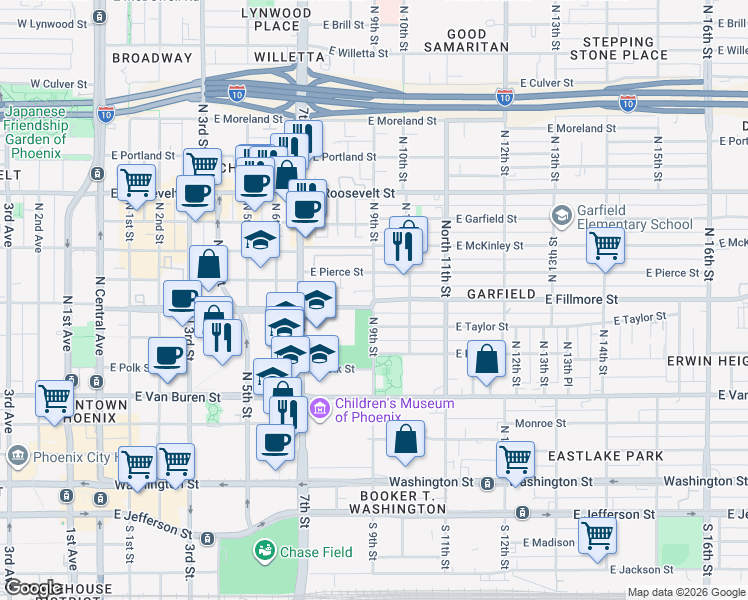 map of restaurants, bars, coffee shops, grocery stores, and more near North 9th Street & East Fillmore Street in Phoenix