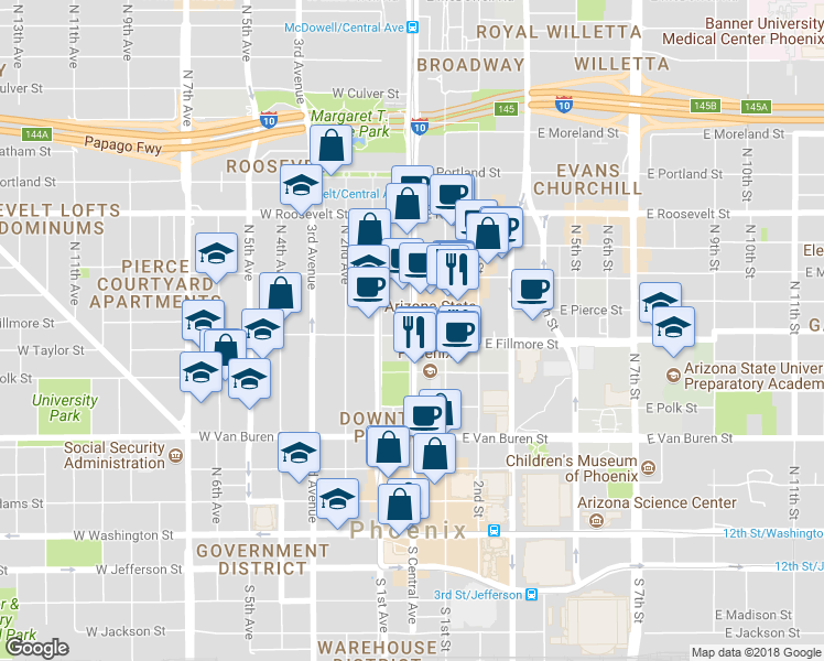 map of restaurants, bars, coffee shops, grocery stores, and more near 555 North Central Avenue in Phoenix