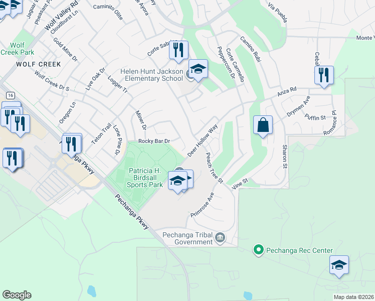 map of restaurants, bars, coffee shops, grocery stores, and more near 46422 Durango Drive in Temecula