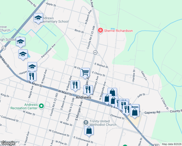 map of restaurants, bars, coffee shops, grocery stores, and more near 208 North Morgan Avenue in Andrews