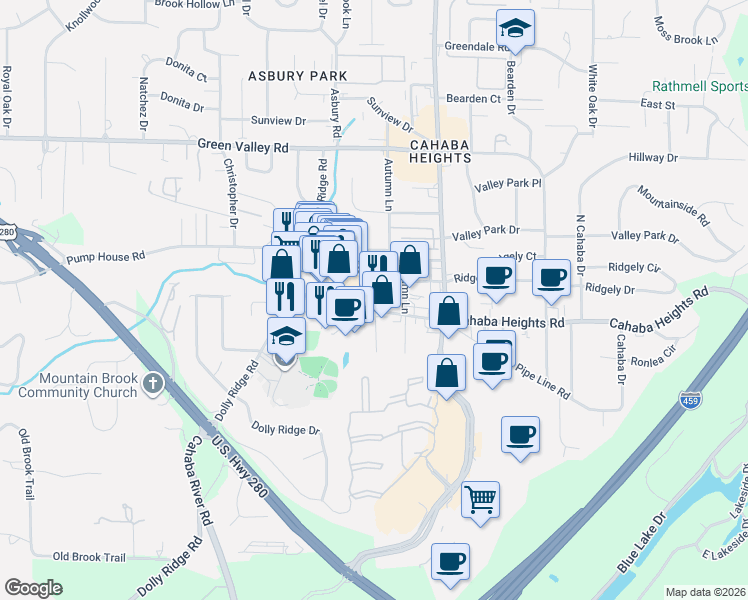 map of restaurants, bars, coffee shops, grocery stores, and more near 4274 Cahaba Heights Court in Vestavia Hills