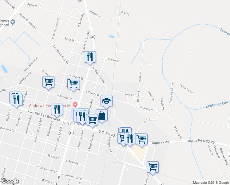 map of restaurants, bars, coffee shops, grocery stores, and more near 2 Clair Street in Andrews