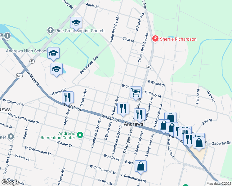 map of restaurants, bars, coffee shops, grocery stores, and more near 203 North Beech Avenue in Andrews