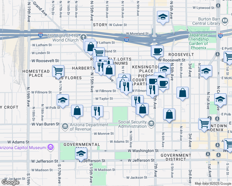map of restaurants, bars, coffee shops, grocery stores, and more near in Phoenix