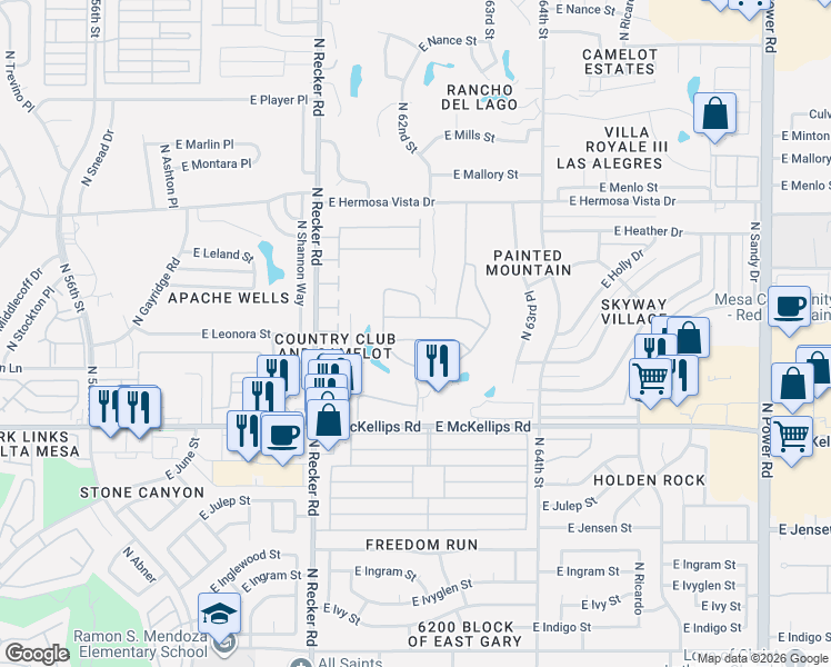 map of restaurants, bars, coffee shops, grocery stores, and more near 6202 East McKellips Road in Mesa