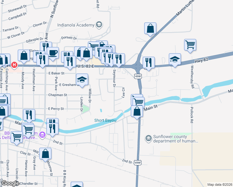 map of restaurants, bars, coffee shops, grocery stores, and more near 305 Seymour Drive in Indianola