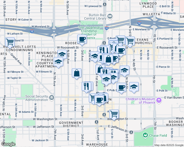 map of restaurants, bars, coffee shops, grocery stores, and more near 11142 North 1st Avenue in Phoenix