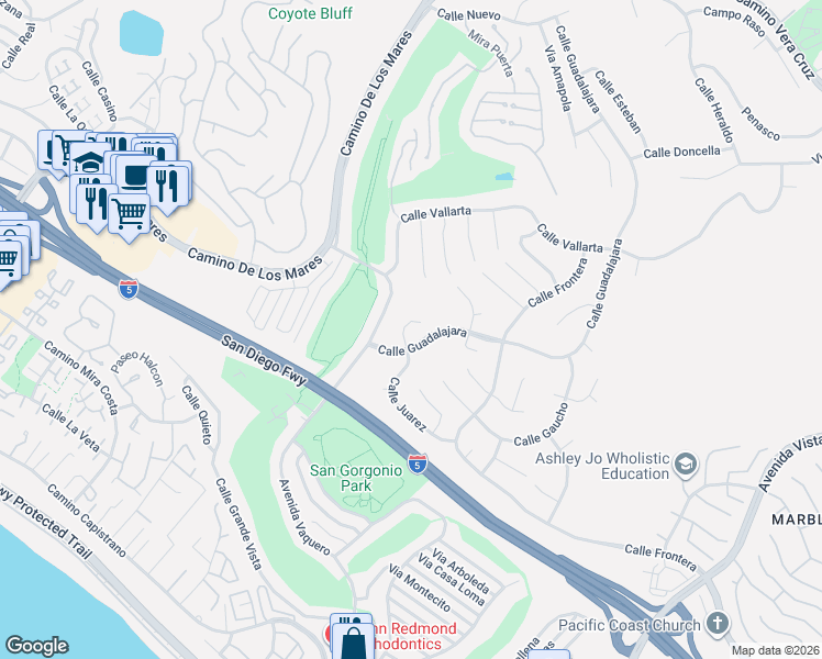 map of restaurants, bars, coffee shops, grocery stores, and more near 604 Calle Juarez in San Clemente