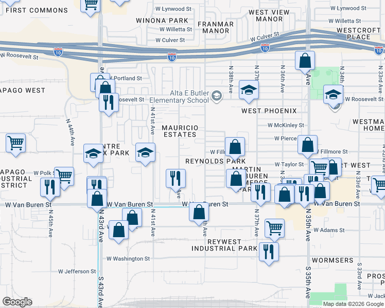 map of restaurants, bars, coffee shops, grocery stores, and more near 505 North 40th Avenue in Phoenix