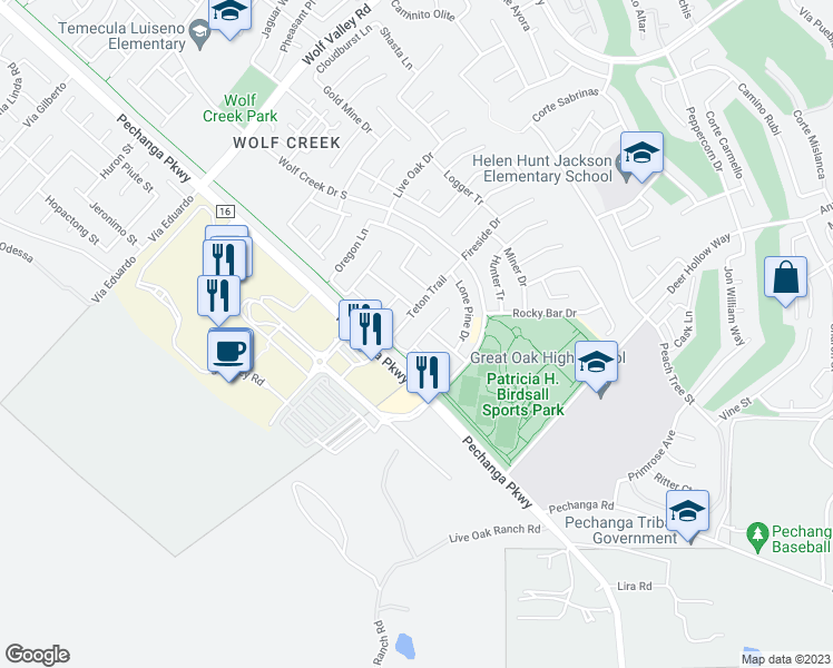 map of restaurants, bars, coffee shops, grocery stores, and more near 46367 Sawtooth Lane in Temecula