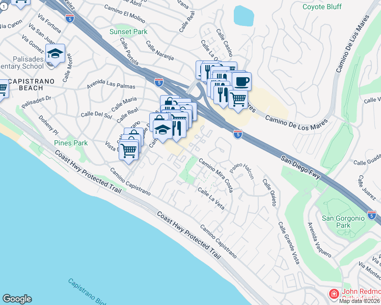 map of restaurants, bars, coffee shops, grocery stores, and more near 3555 Camino Mira Costa in San Clemente