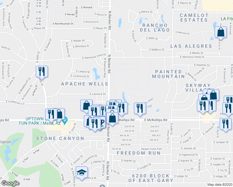 map of restaurants, bars, coffee shops, grocery stores, and more near 2147 North Recker Road in Mesa
