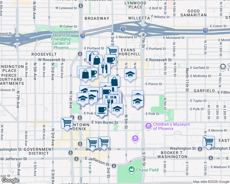 map of restaurants, bars, coffee shops, grocery stores, and more near 600 North 4th Street in Phoenix